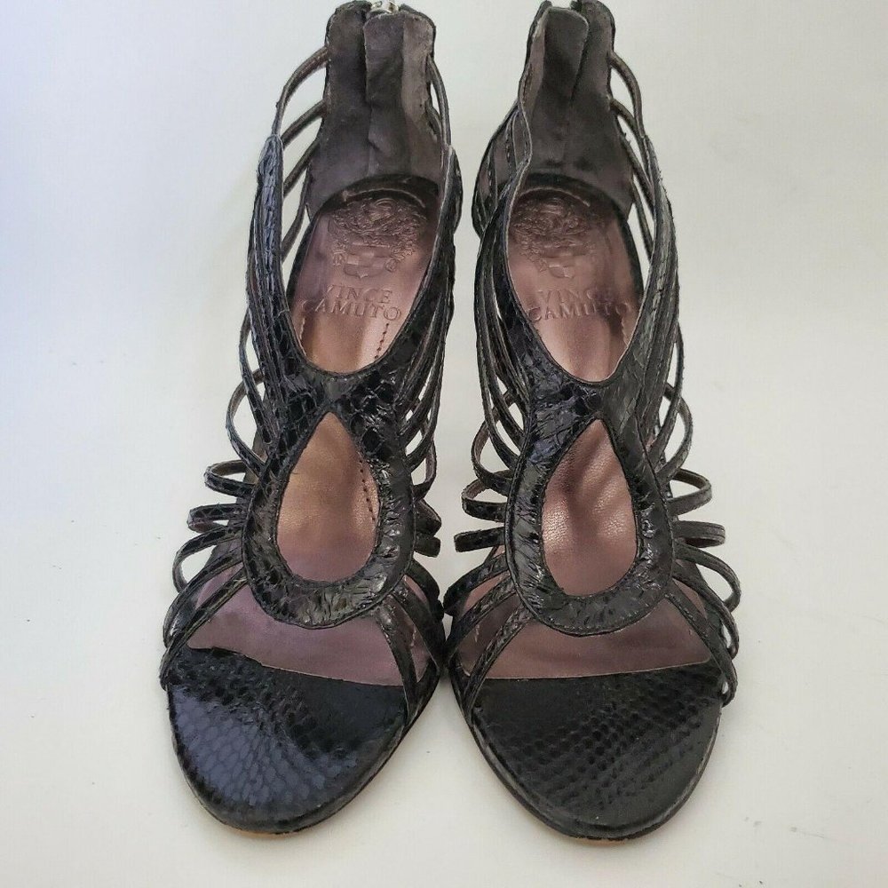 Vince Camuto Solana Women Cage Heels 8 Black Leather Strappy Stiletto Sexy Snake - Picture 3 of 12